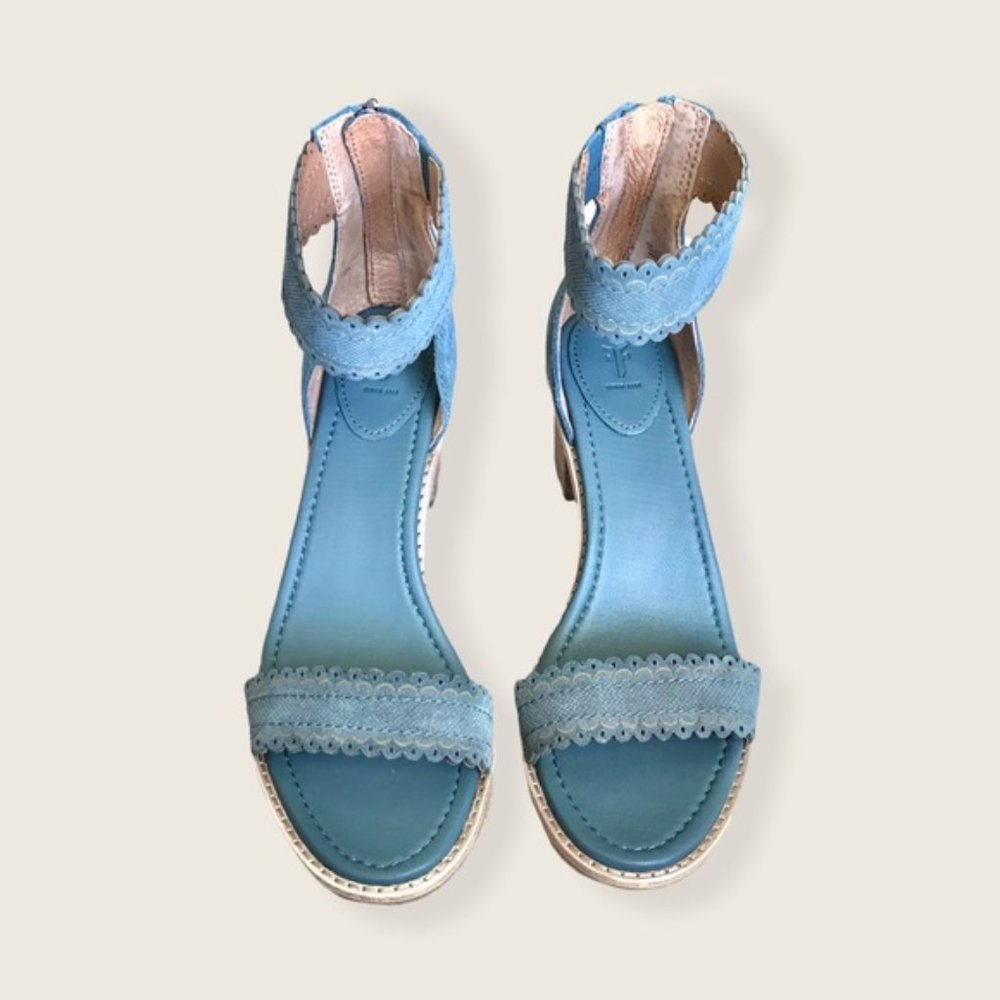 $340 Frye Teal/Turquoise Brielle Scallop Leather Suede Ankle Strap Heel Sandals - Picture 10 of 16